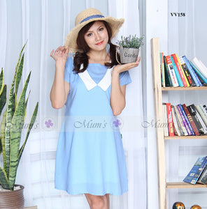 Váy voan xanh trời cổ V trắng - VV158