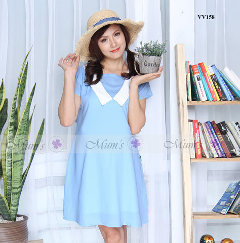 Váy voan xanh trời cổ V trắng - VV158