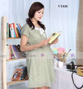 Váy đũi rêu nhạt hoa nhí cổ bèo buộc nơ - VT030