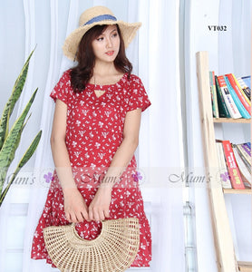 Váy đũi đỏ mận hoa nhí trắng cổ V - VT032