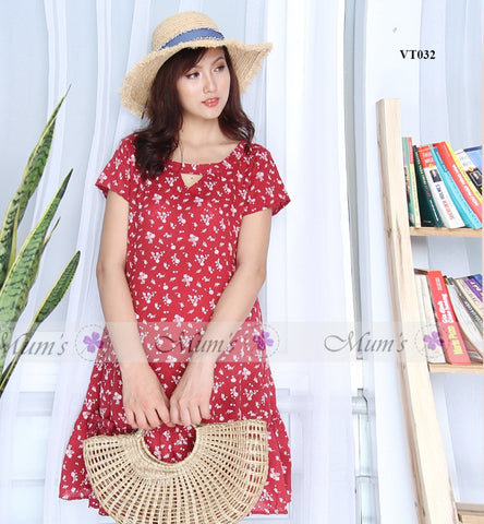 Váy đũi đỏ mận hoa nhí trắng cổ V - VT032