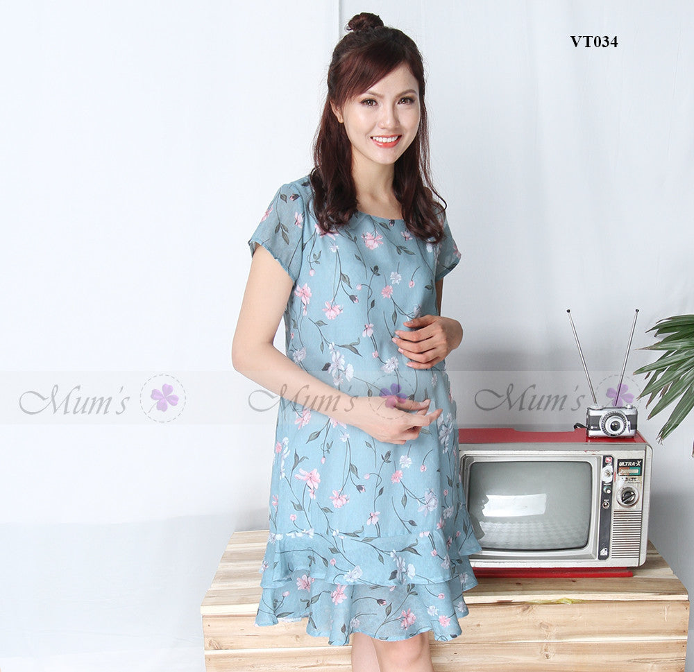 Váy đũi xanh hoa hồng đuôi cá 2 tầng buộc nơ lưng - VT034