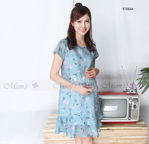 Váy đũi xanh hoa hồng đuôi cá 2 tầng buộc nơ lưng - VT034